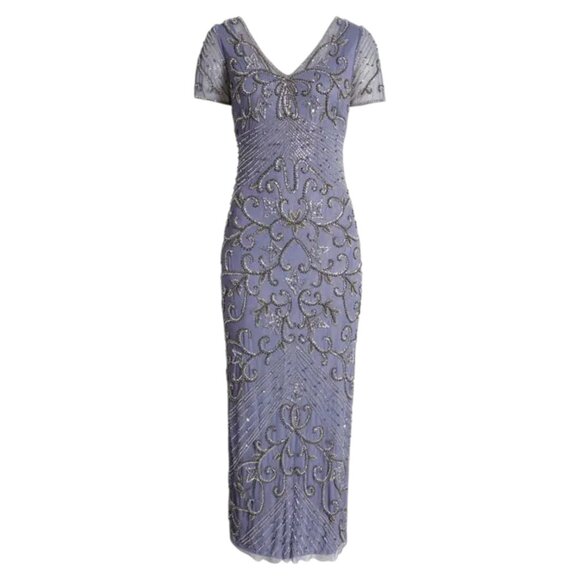 NEW Women's PISARRO NIGHTS Beaded Mesh Midi Cocktail Dress/Gown Violet | Size 8 - Picture 4 of 15
